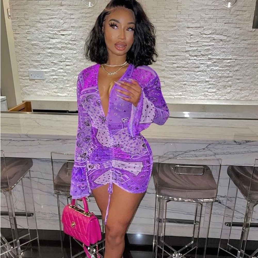 She Has Evolved Bandanna Purple Mesh Long Sleeve Scrunch Tie See Through Dress